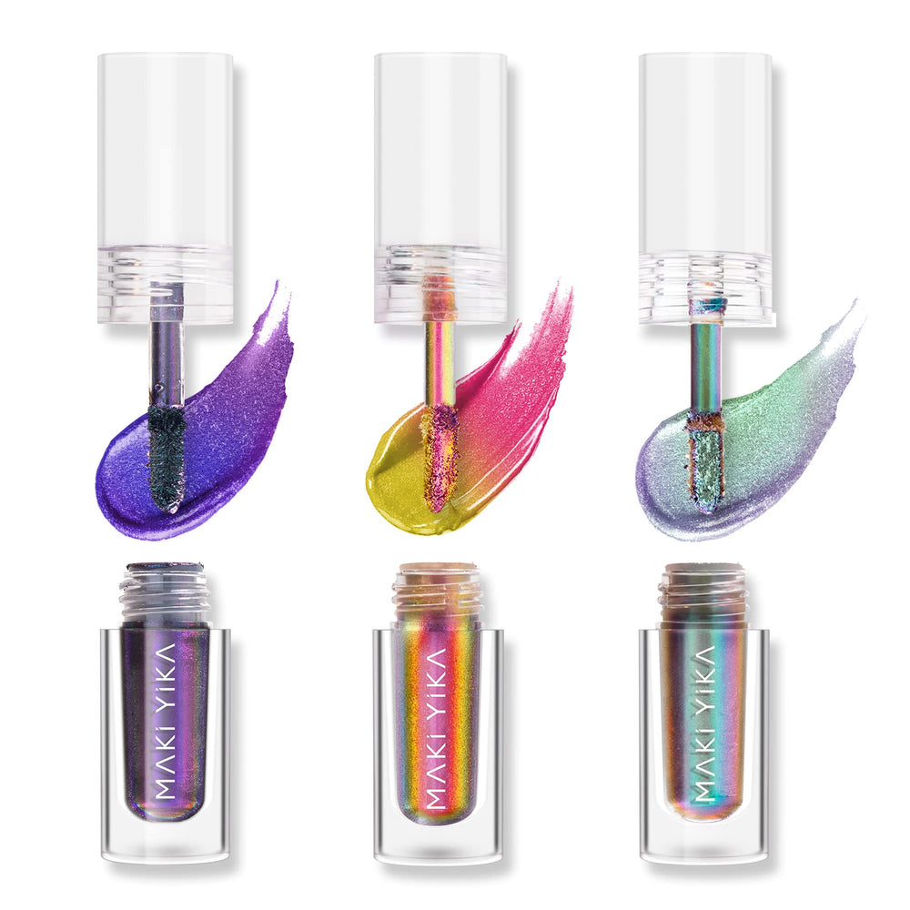 Maki Yika glitter liquid eyeshadow multichrome topper swatch showing shifting color for glam looks