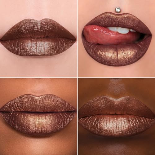 Pink swatch from Maki Yika metallic lipstick with vibrant shine.