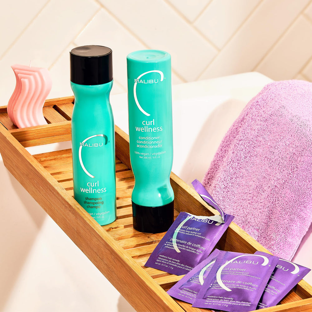 Malibu C Curl Partner Wellness Remedy shelf display for curl care fans
