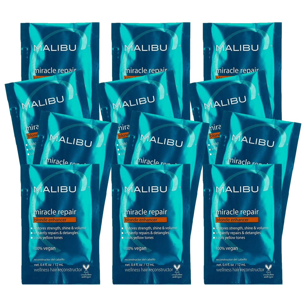 Malibu C Miracle Repair Blonde Enhancer packet on display, moisture boost for damaged blondes.