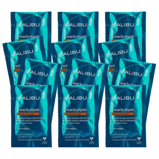 Malibu C Miracle Repair Blonde Enhancer packet on display, moisture boost for damaged blondes.