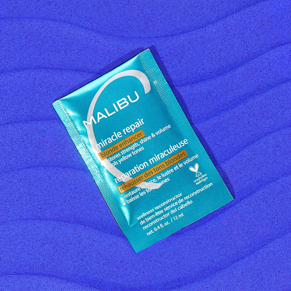 Purple-toning mask visual on packet complements blonde shampoo sets for salon-like results.