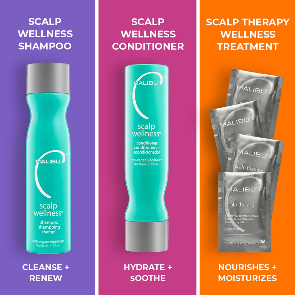Malibu C Scalp Wellness Shampoo bottle side view emphasizes sulfate-free cleansing.