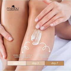 Creamy Malibu Tan Hemp Golden Glow lotion swirl on skin.