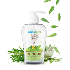 Mamaearth Tea Tree Face Wash label close-up with neem and tea tree extracts.