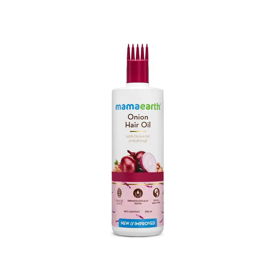 Mamaearth Onion Hair Oil bottle pour for easy application and smooth strands.