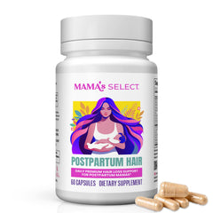 Mama’s Select postpartum hair vitamins bottle close-up, highlighting hair health support.