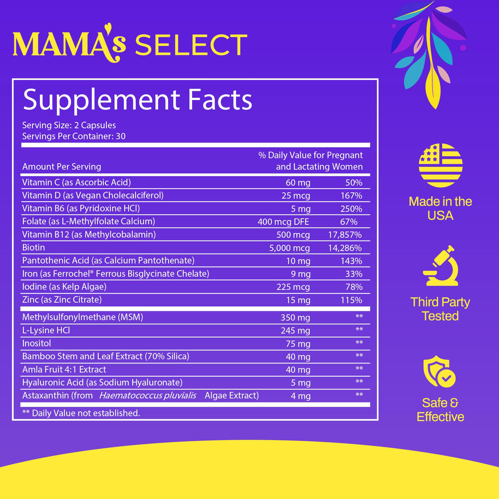 Mama’s Select bottle with capsules close-up illustrating daily nourishment for thinning hair.