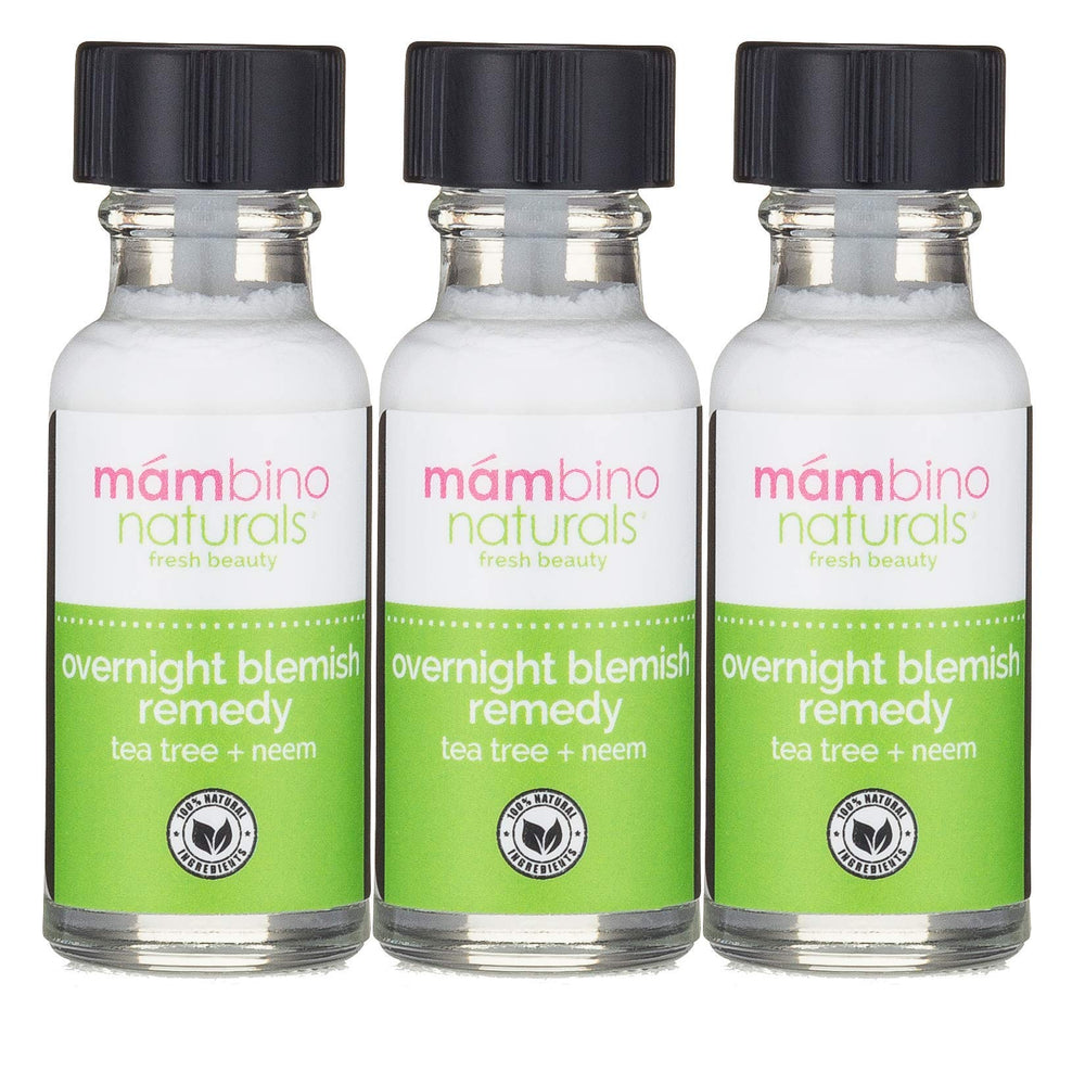 Mambino Organics Overnight Blemish Roll-On bottle for targeted tea tree spot treatment at night.