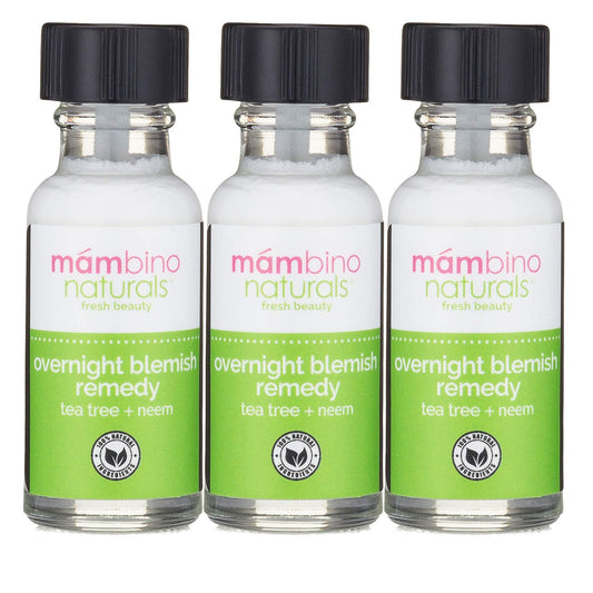 Mambino Organics Overnight Blemish Roll-On bottle for targeted tea tree spot treatment at night.