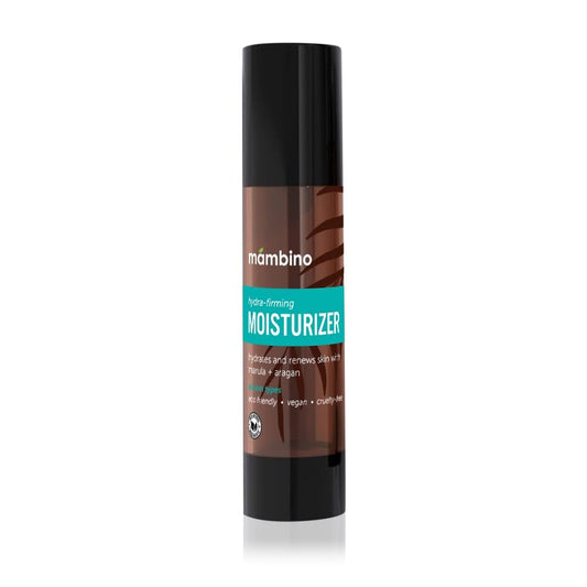Mambino Organics Hydra-Firming moisturizer bottle on display for daily vegan hydration.