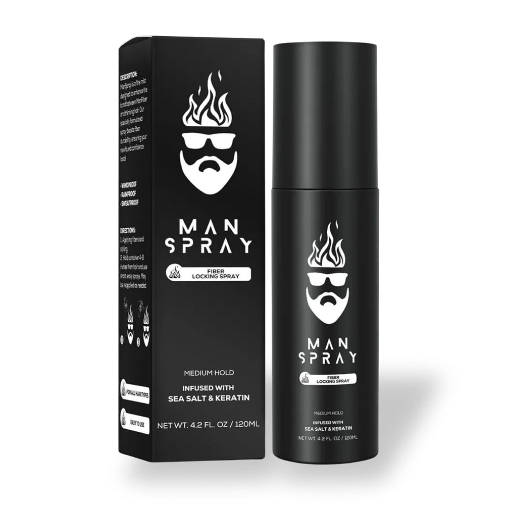 Man Essentials hair-fiber-locking-spray-bottle for secure hold.