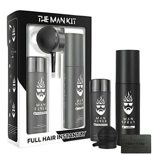 The Man Essentials hair thickening fibers bottle shows a natural blend for a fuller look.