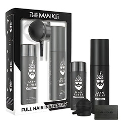 The Man Essentials hair thickening fibers bottle shows a natural blend for a fuller look.