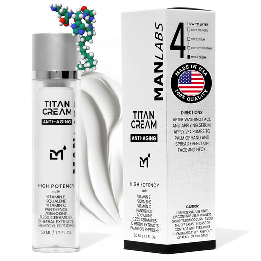 Man Labs Titan Cream bottle closeup, premium packaging for daily moisture.