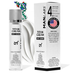 Man Labs Titan Cream bottle closeup, premium packaging for daily moisture.