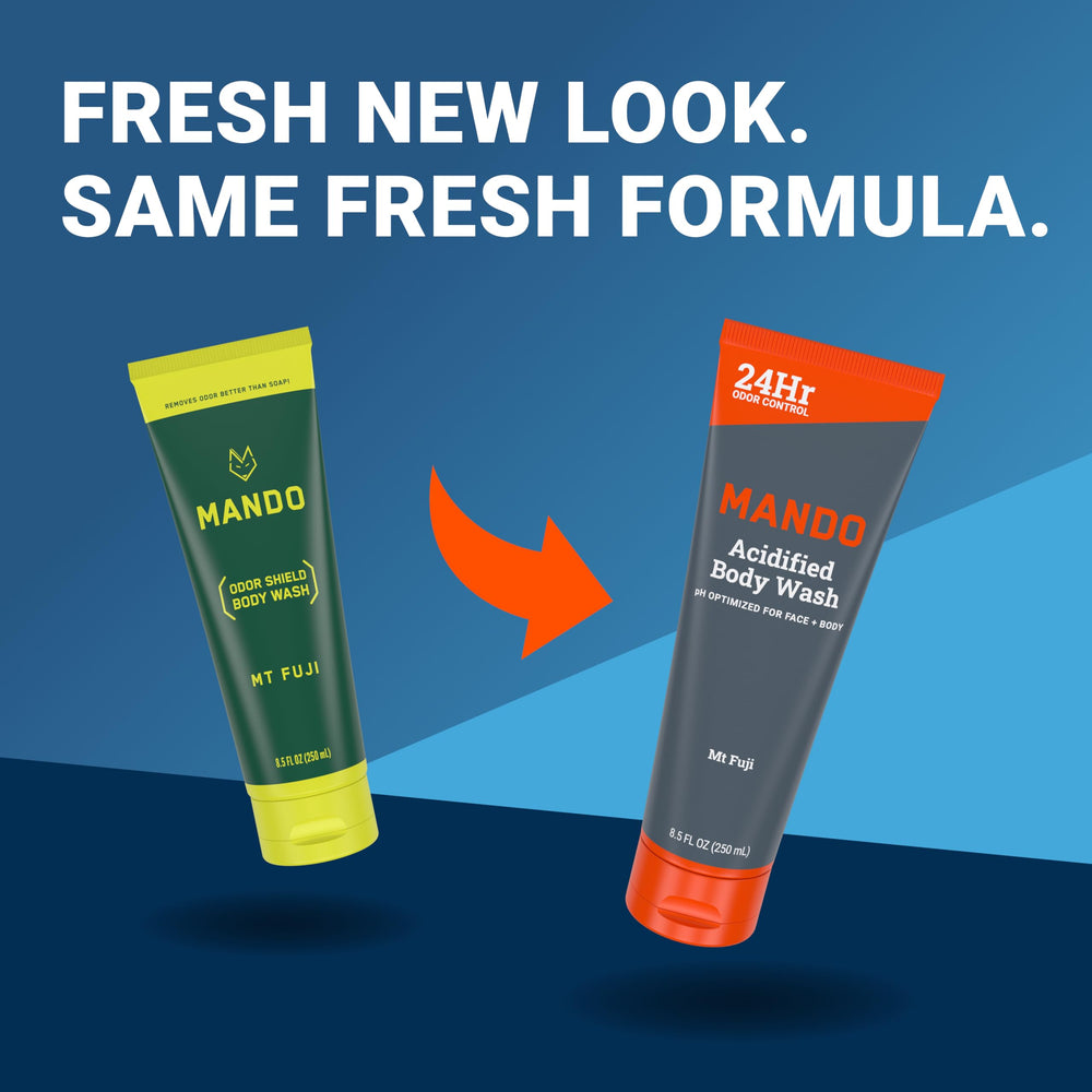 Mando Acidified Body Wash Mt Fuji bottle pour delivers 24-hour odor control and hydration.