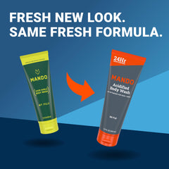 Mando Acidified Body Wash Mt Fuji bottle pour delivers 24-hour odor control and hydration.
