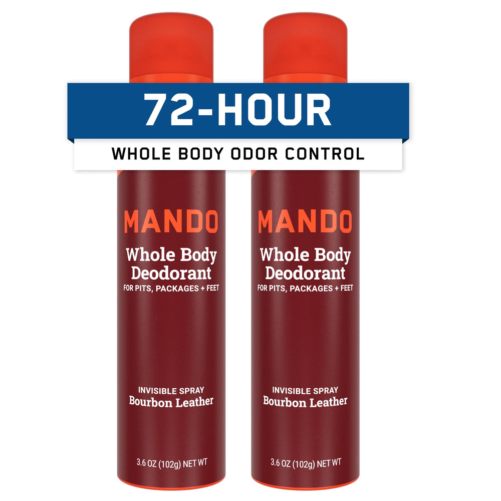 Mando Bourbon Leather bottle close-up showing discreet odor-control spray.