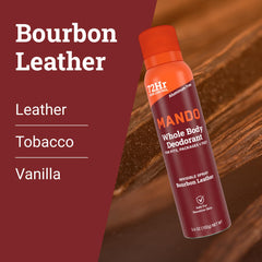 Mando Bourbon Leather spray provides targeted odor control on skin.