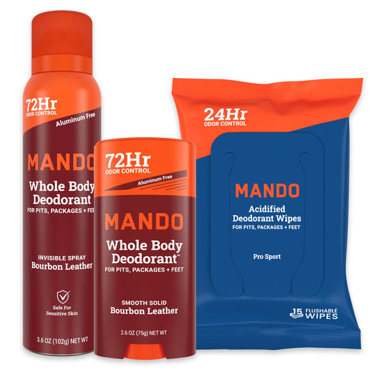 Mando Bourbon Leather solid stick close-up for all-day odor control.