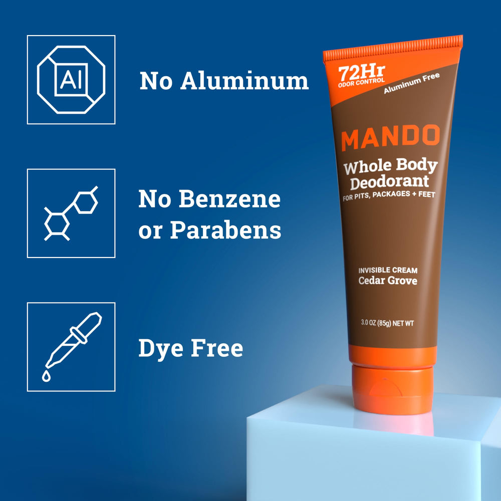 Mando Cedar Grove label close-up highlights scent profile and product safety.