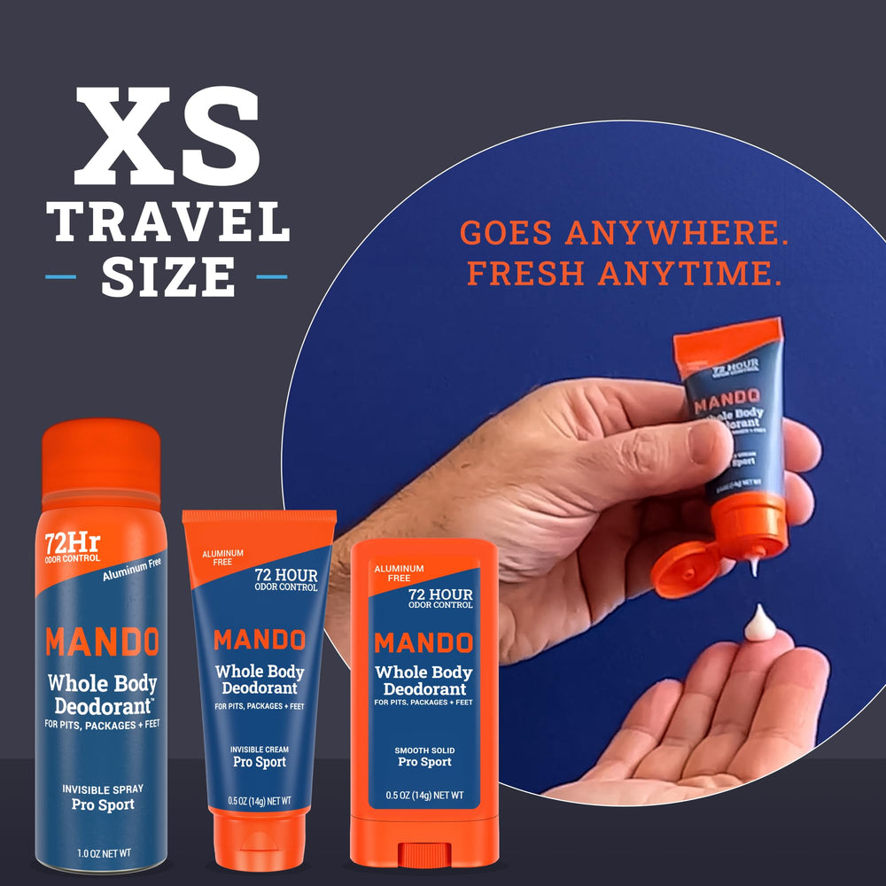 Mando invisible-cream travel-size deodorant for discreet protection after workouts.
