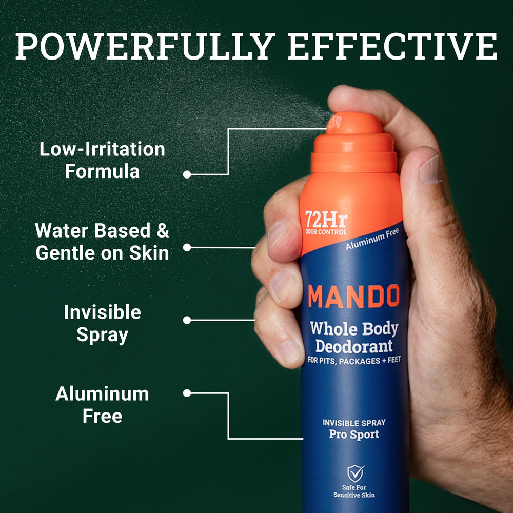 Mando invisible spray on armpits for hard-to-reach odor areas