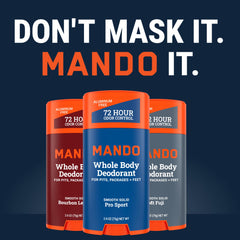Mando men's care routine scene with deodorant on shelf.