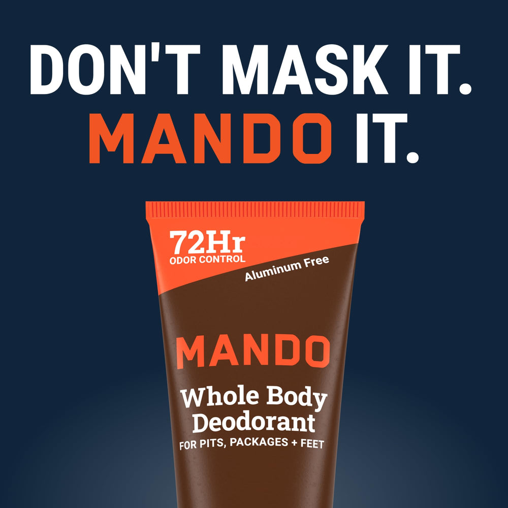 Mando men's hygiene routine visual suggesting daily use.