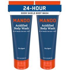 Mando Odor Shield Body Wash bottle front with 24-hour odor control.