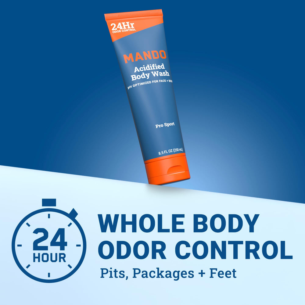 Mando Odor Shield bottle side highlights SLS-free formula for skin safety.