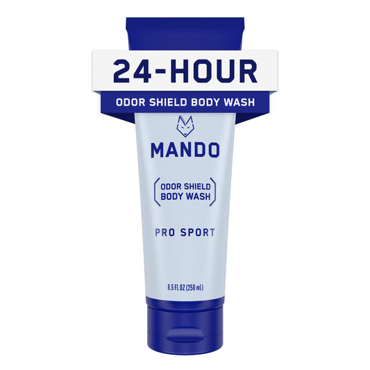 Mando Odor Shield bottle pour highlights quick, fresh cleansing for active days