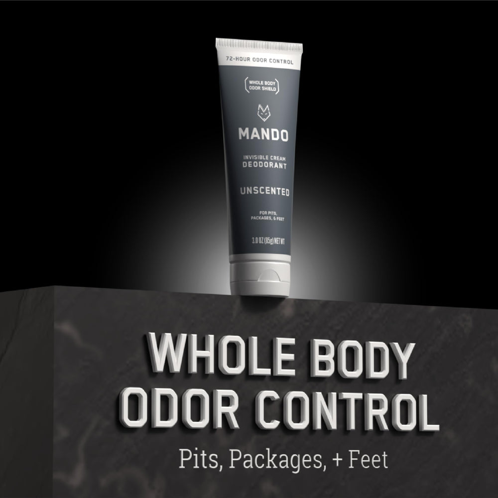 Mando on-the-go scene with travel-friendly 3oz tube for portable odor control.