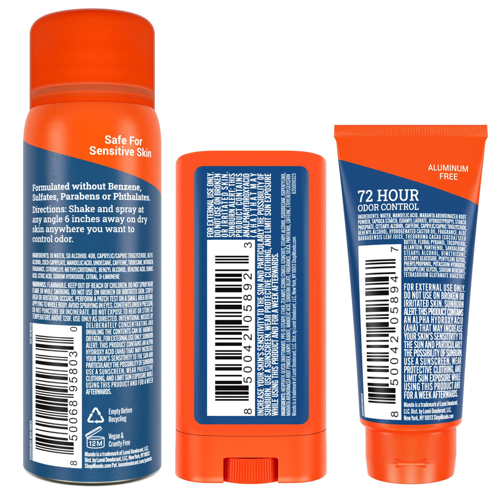 Mando Pro Sport scent evokes gym-ready freshness in a compact trio.