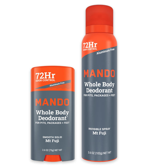 Mando solid-stick application demonstrates targeted odor protection on skin.