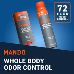 Mando spray-deodorant application shows easy coverage for hard-to-reach areas.