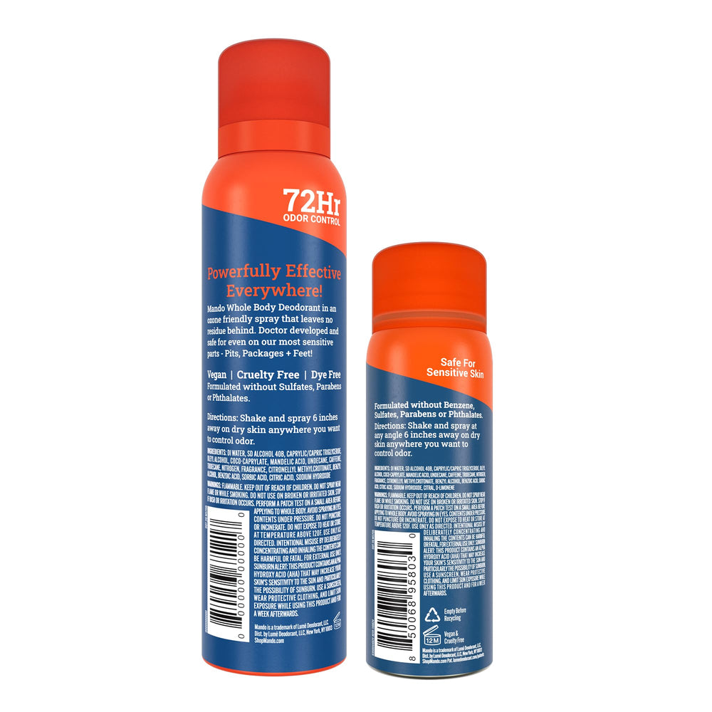 Mando travel-ready full-size and mini cans for easy packing.