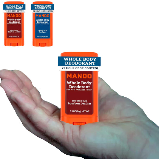 Mando travel-size two-pack whole body deodorant packaging for on-the-go freshness
