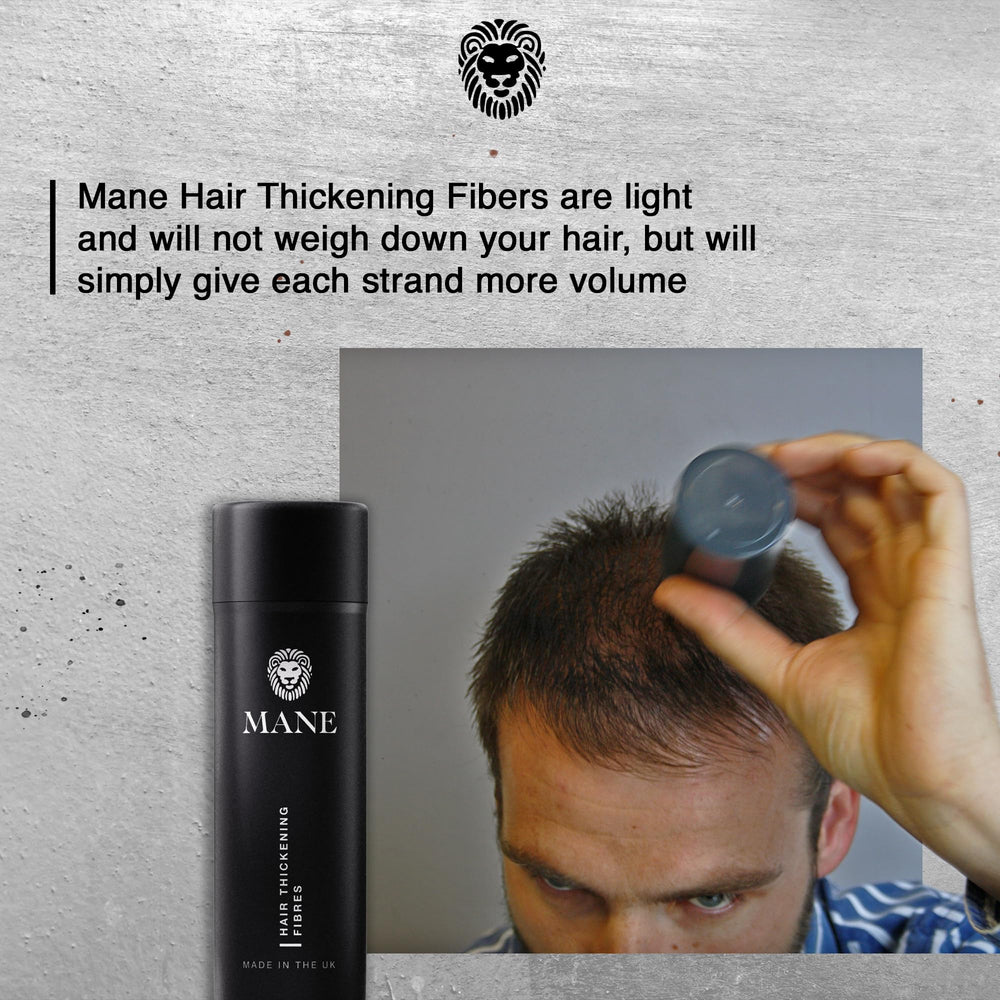 MANE Hair Building Fibers close-up shows powdery texture and seamless hairline.