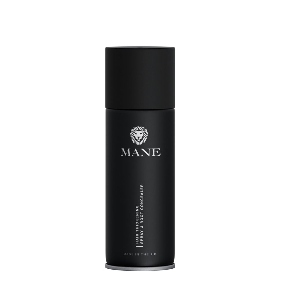 MANE Hair Thickening Fiber Spray grey bottle showing instant fullness.