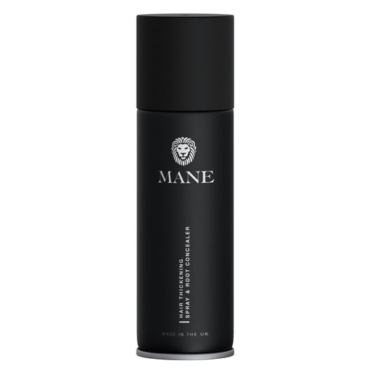 MANE Hair Thickening Fiber Spray jet-black bottle for instant fullness.