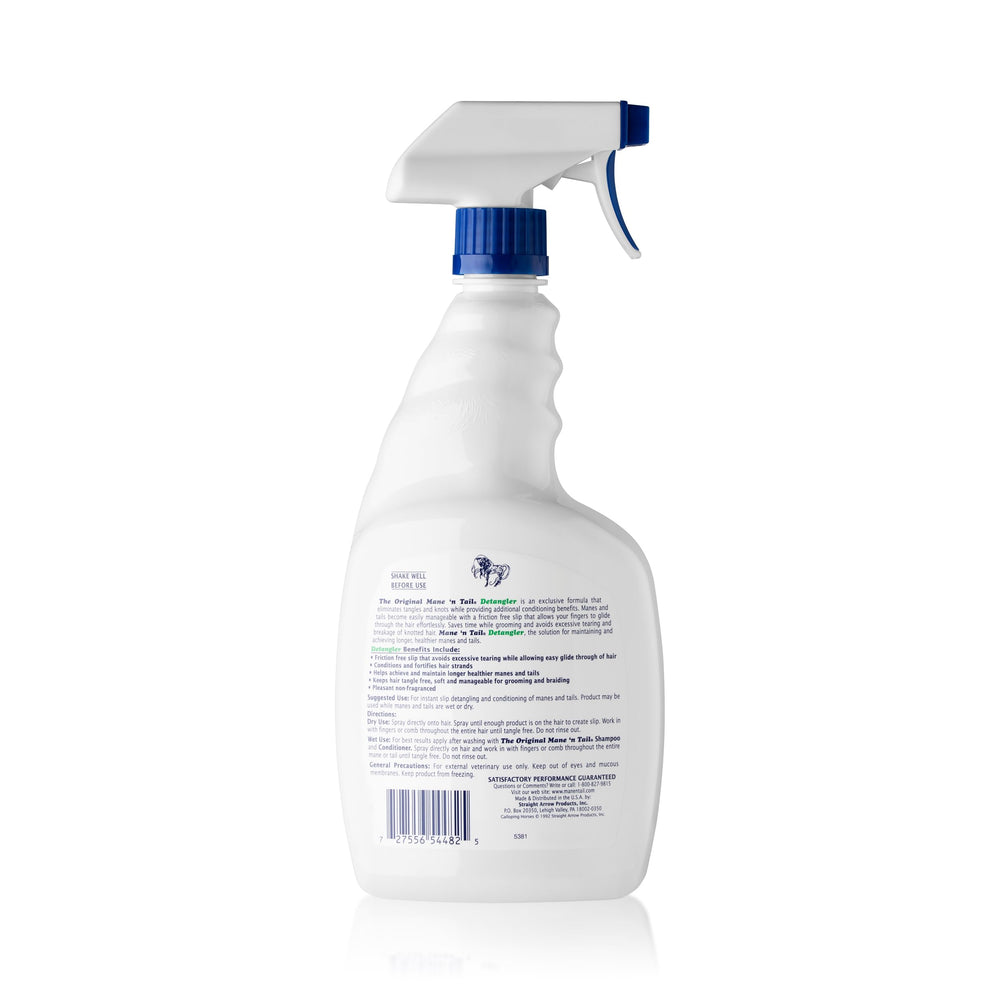 Mane 'n Tail Detangler being sprayed on hair to reduce knots.