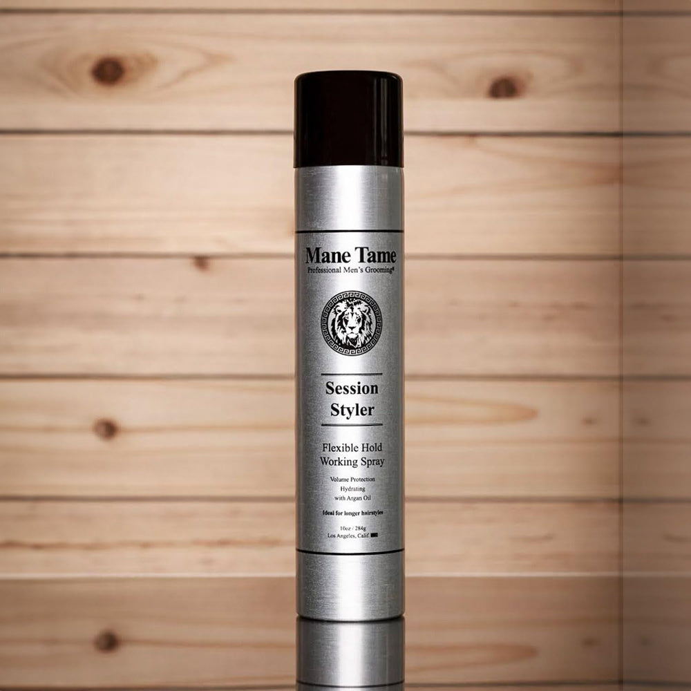 Mane Tame Session Styler label closeup shows usage guidance for easy styling.