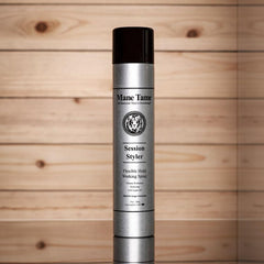 Mane Tame Session Styler label closeup shows usage guidance for easy styling.