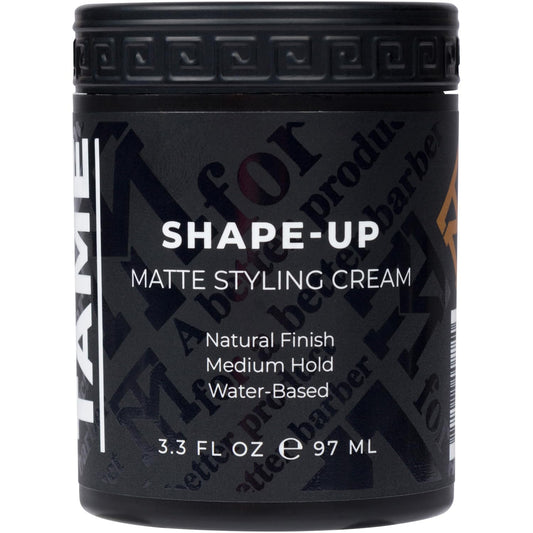 Mane Tame Shape-Up Matte Styling Cream bottle showing natural hold.