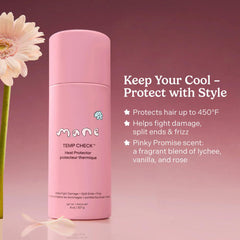 Mane Temp Check mist on damp hair before heat styling for frizz-free results.