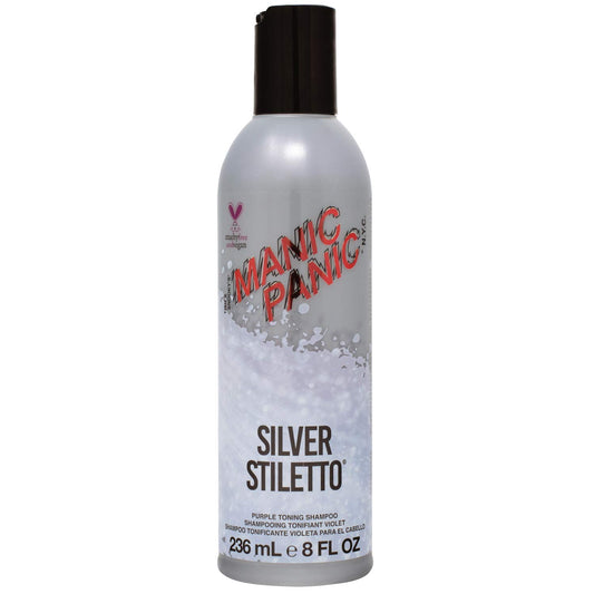 MANIC PANIC Silver Stiletto shampoo bottle front with violet toning for brass reduction.