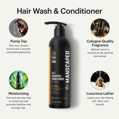 MANSCAPED 2-in-1 shampoo bottle pour shows easy one-step wash.