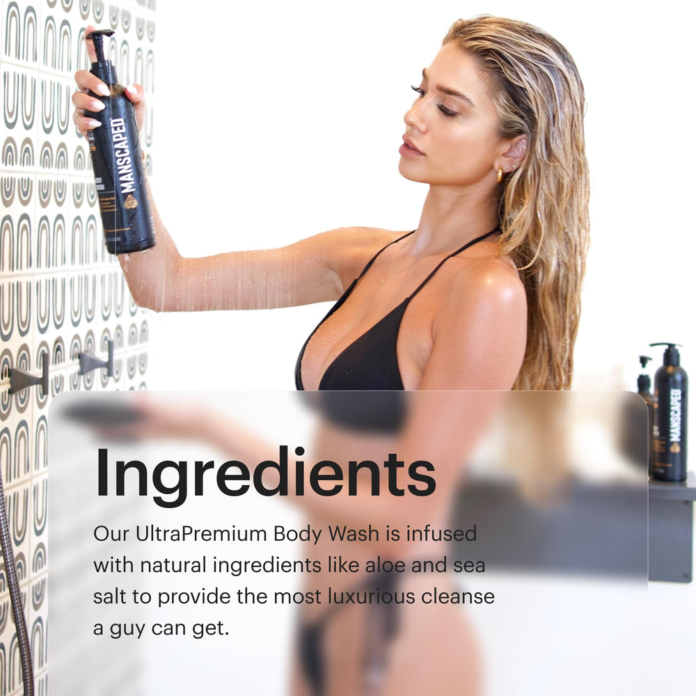 MANSCAPED UltraPremium Body Wash in a bathroom scene suggesting daily grooming ritual